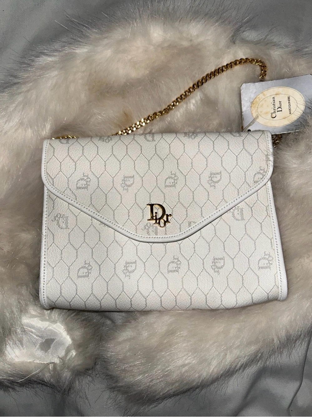 Dior White Monogram Envelope Crossbody with Gold Chain 1990s-2000s vintage